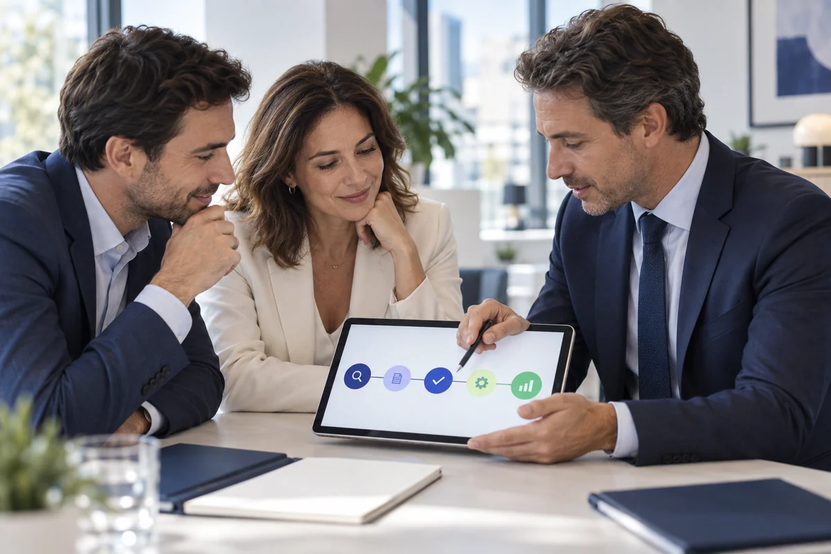 Expert présentant aux dirigeants d’une PME un processus de financement en cinq étapes